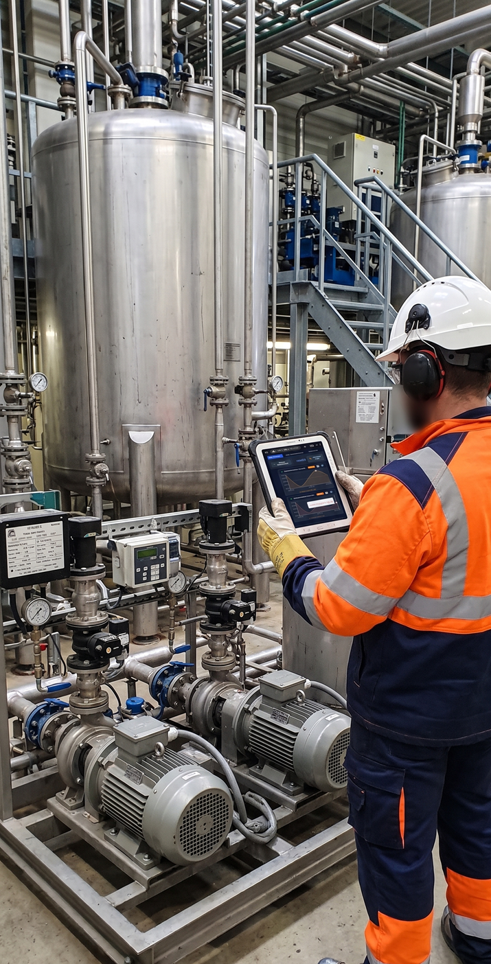 Technicien de maintenance devant une cuve industrielle