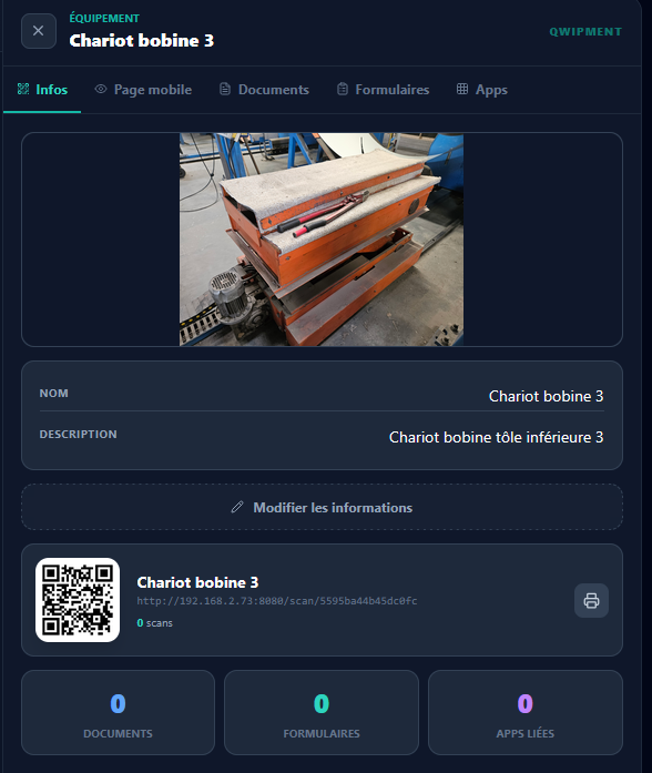 QR code équipement — page dédiée avec documents, formulaires, supervision