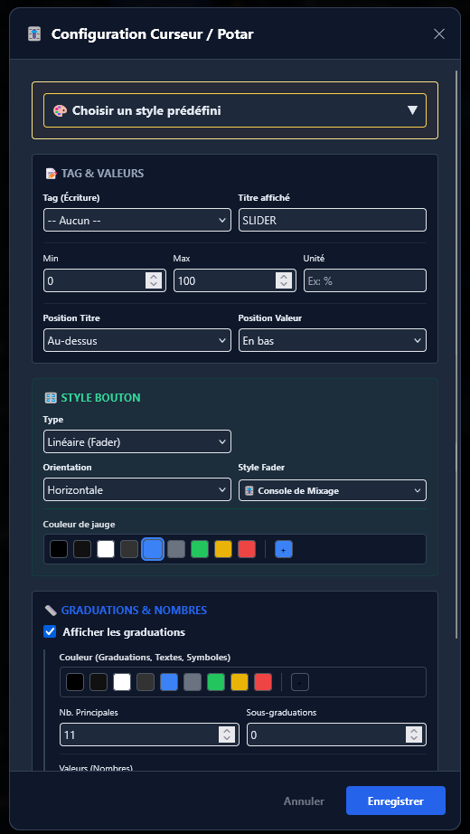 Paramétrage du widget slider