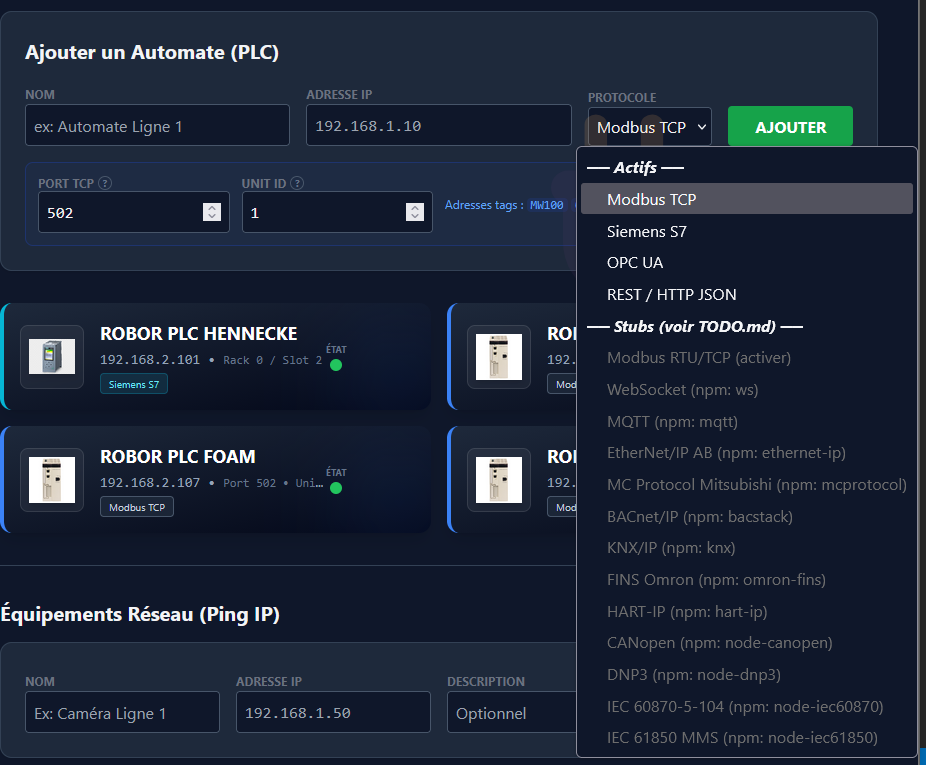 Settings, onglet Connexions PLC : liste des automates connectés, sélecteur de protocole