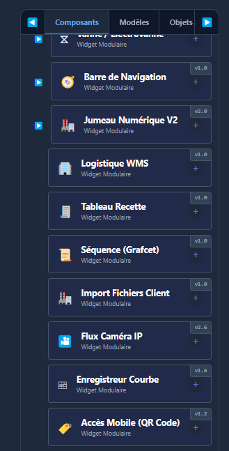 Barre d'outils, catégories de widgets, panneau de propriétés, widget sélectionné