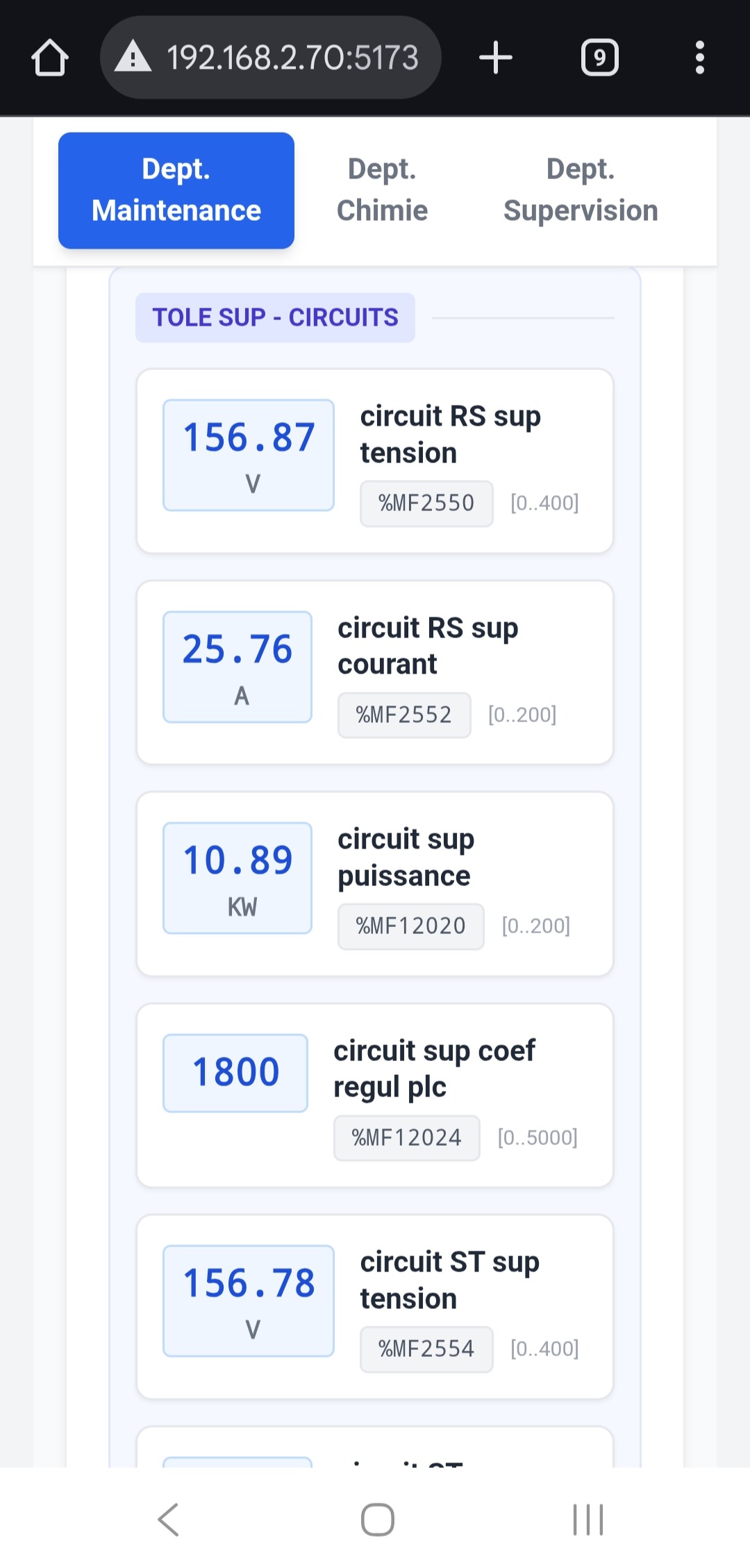 LivePLC v1 en production,  circuits tôle sup, URL réseau visible