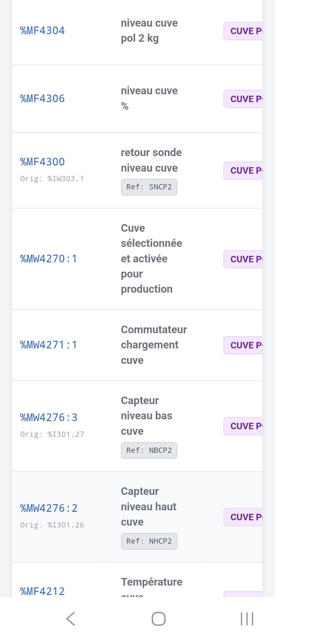Liste des tags système v1,  adresses Modbus brutes visibles