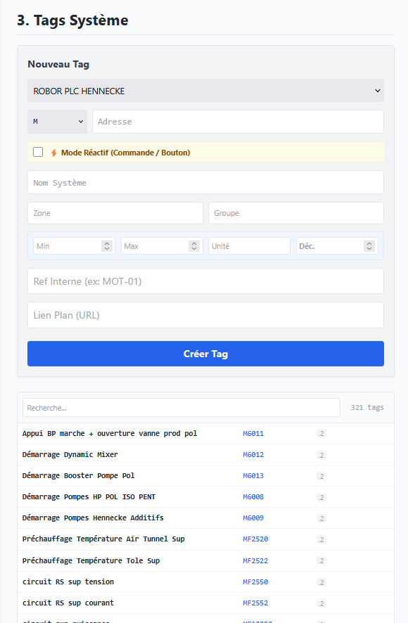 Settings v1, section Tags système, liste