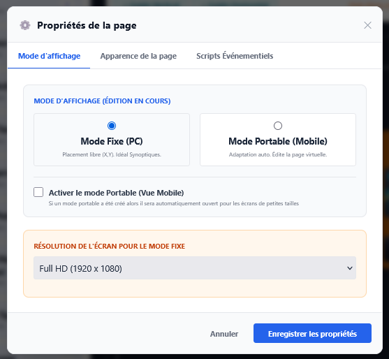 Settings, configuration page PC et mode portable